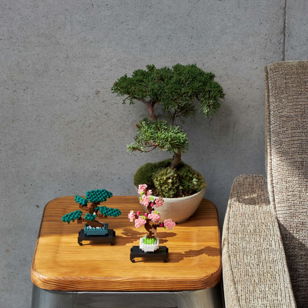 nanoblock cherry blossom bonsai on a side table