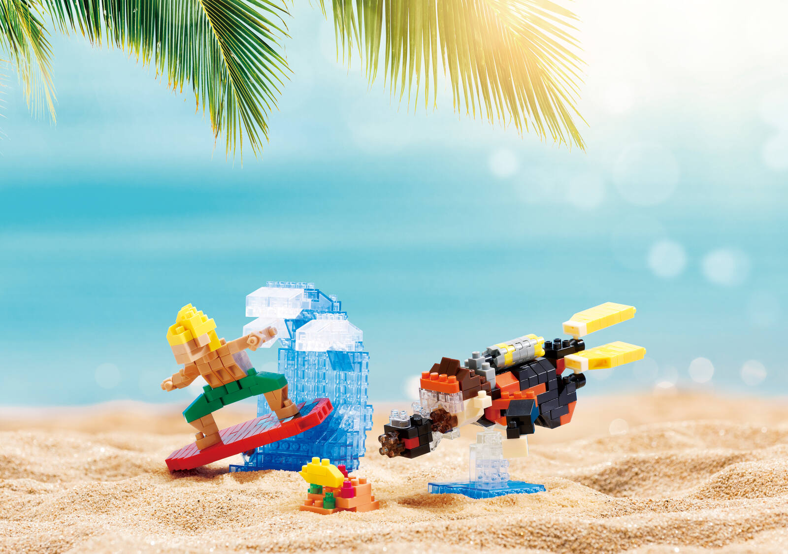 nanoblock surfer and sea creatures on a beach