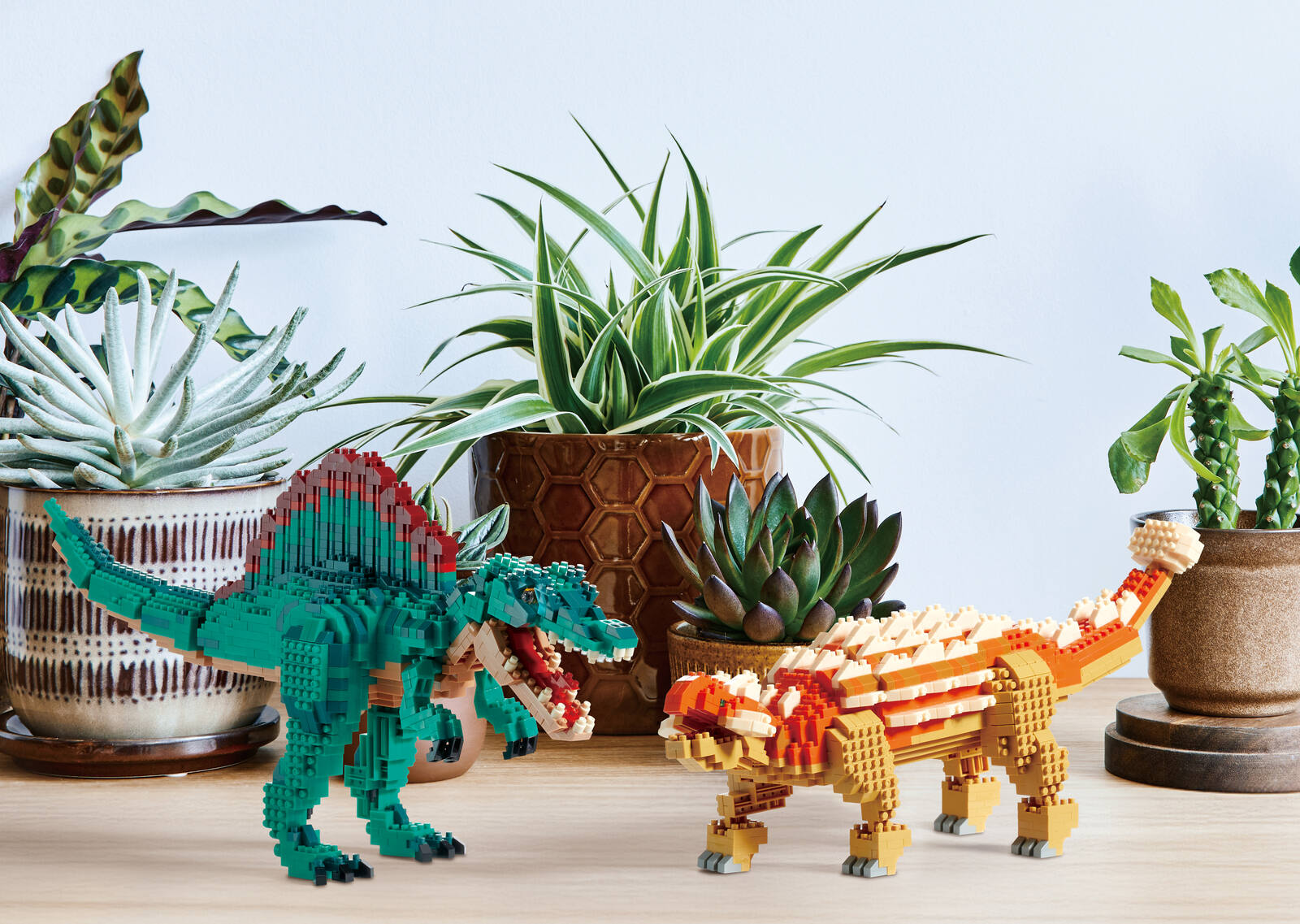 nanoblock dinosaurs among succulents
